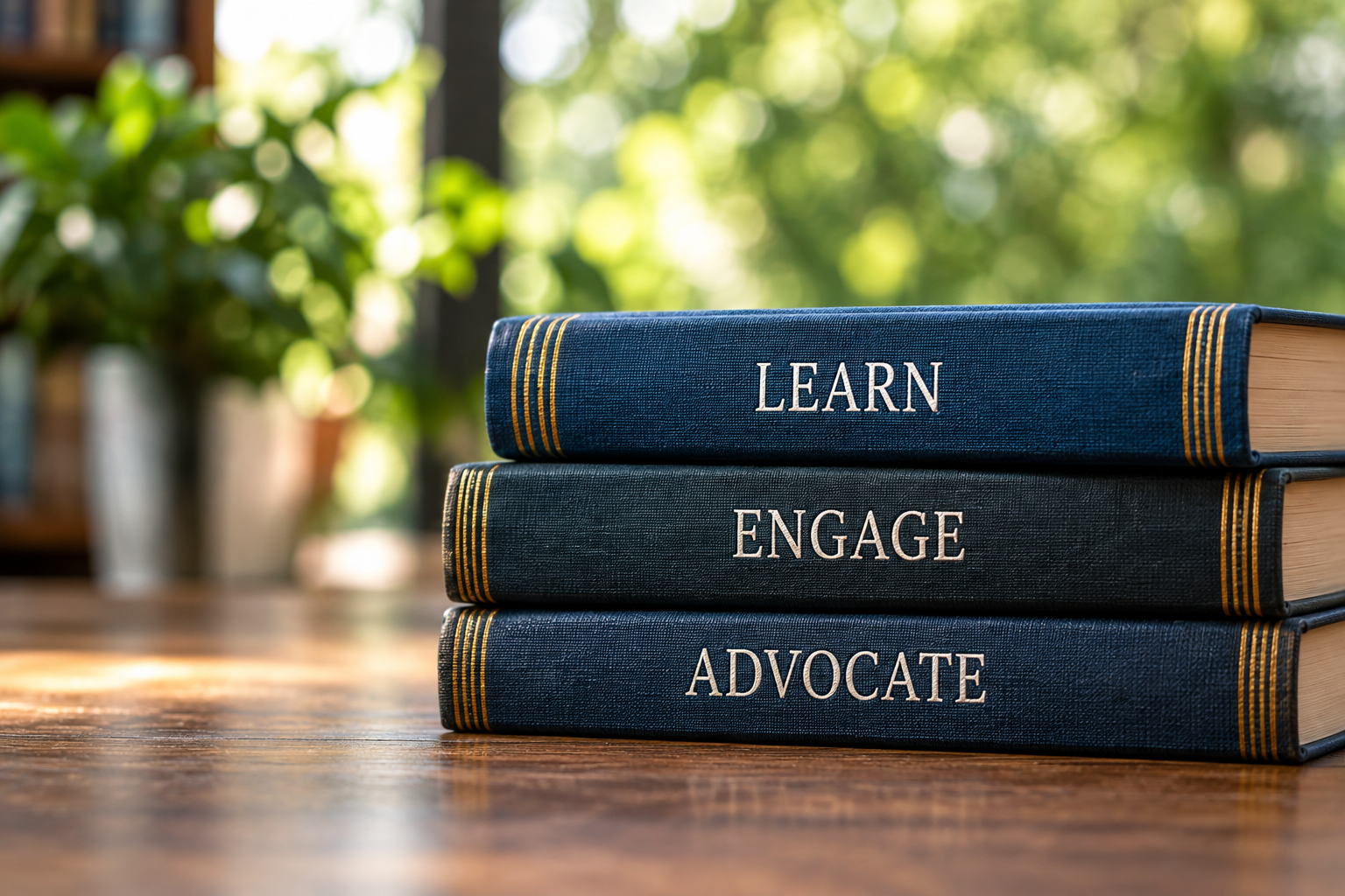 Books representing ways to learn, engage, and advocate